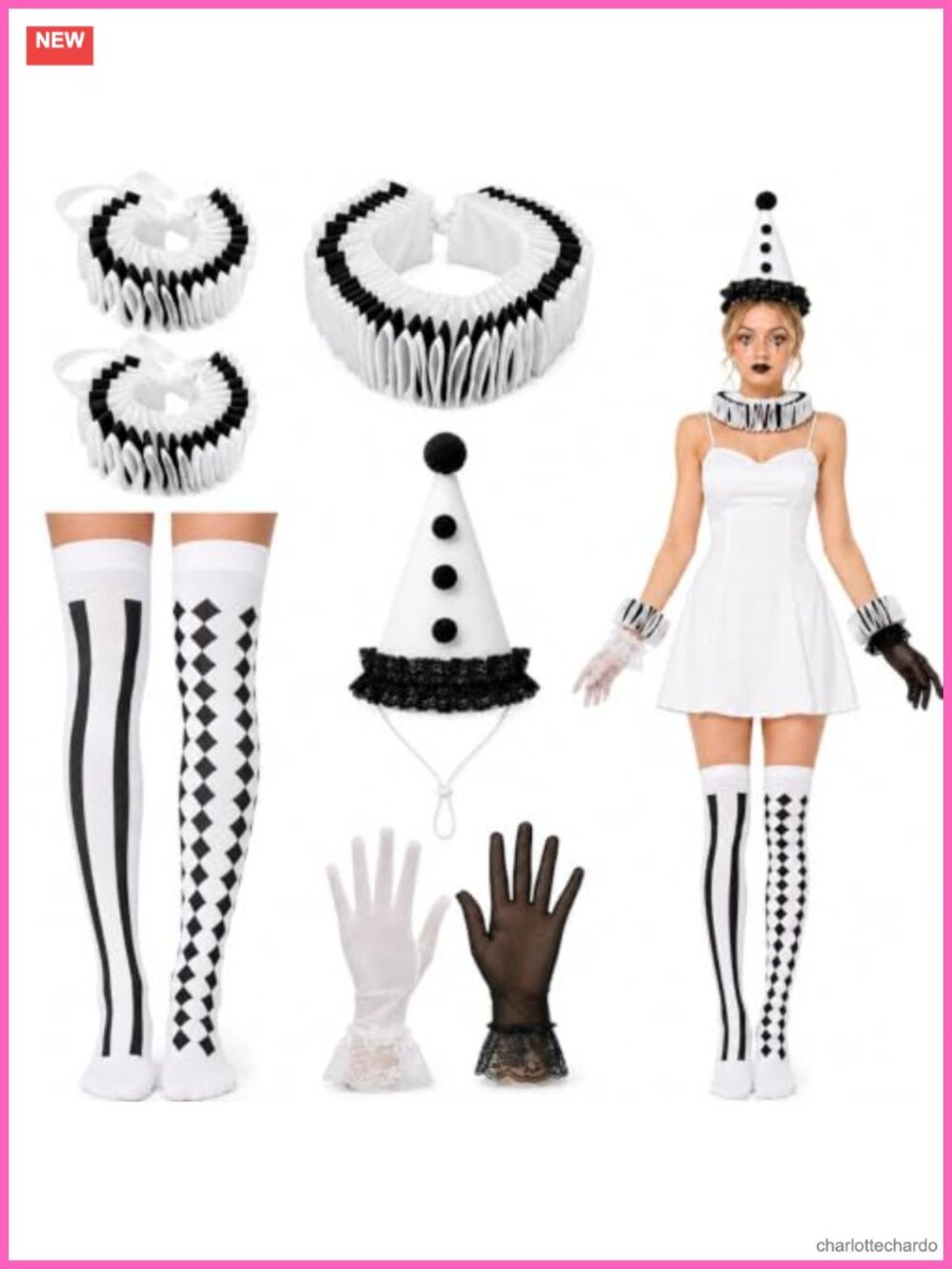 Clown Costume Accessory Set Hat Collar Cuffs Stockings Gloves